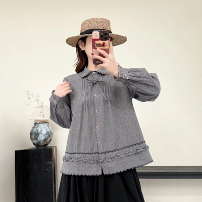 宽松少女风木耳边纯棉格纹女衬衣