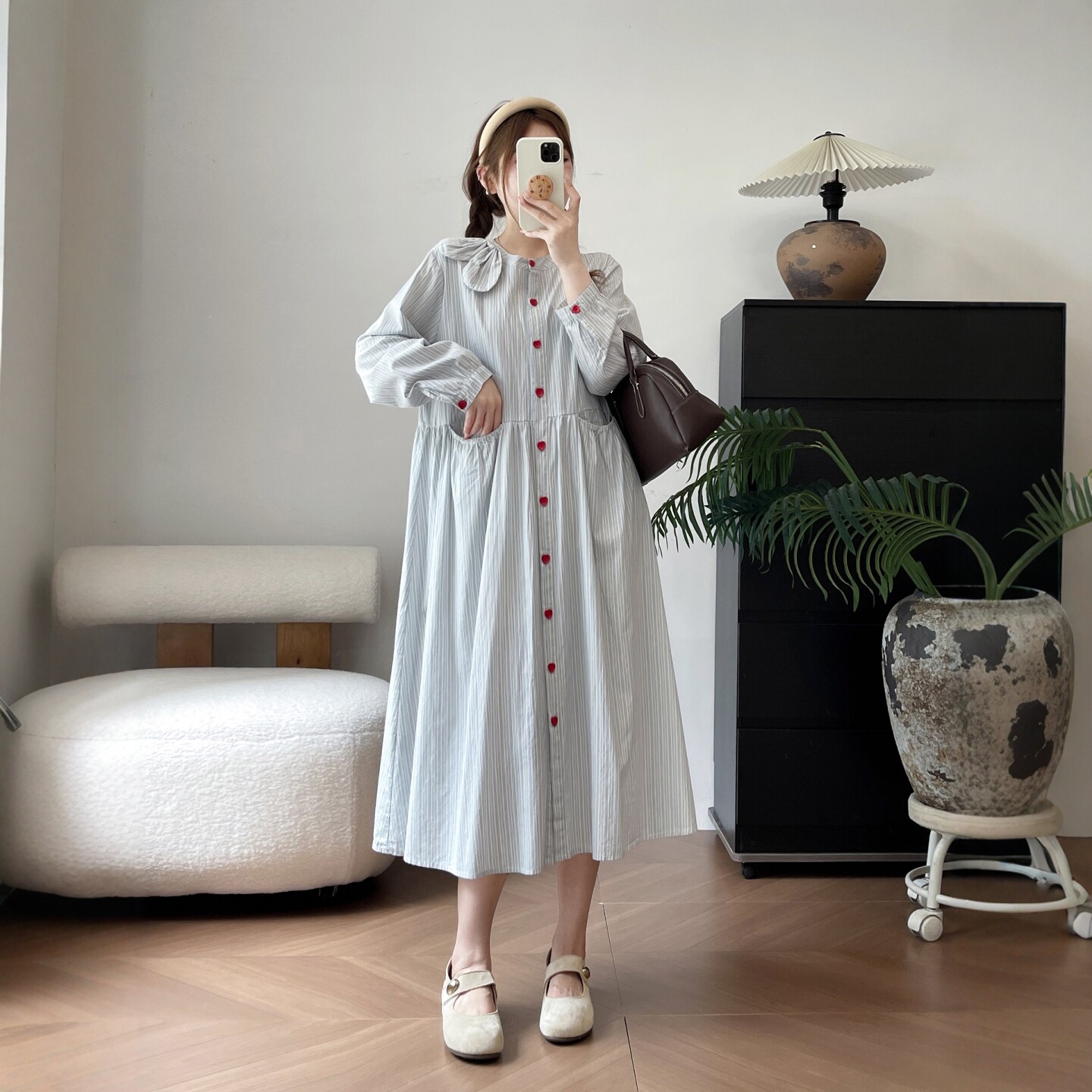 宽松条纹蝴蝶结纯棉长裙连衣裙女
