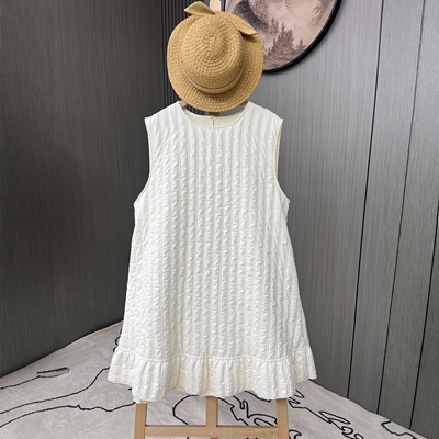森系文艺竖条绗棉圆领套头中长款荷叶下摆无袖连衣裙叠穿背心裙女