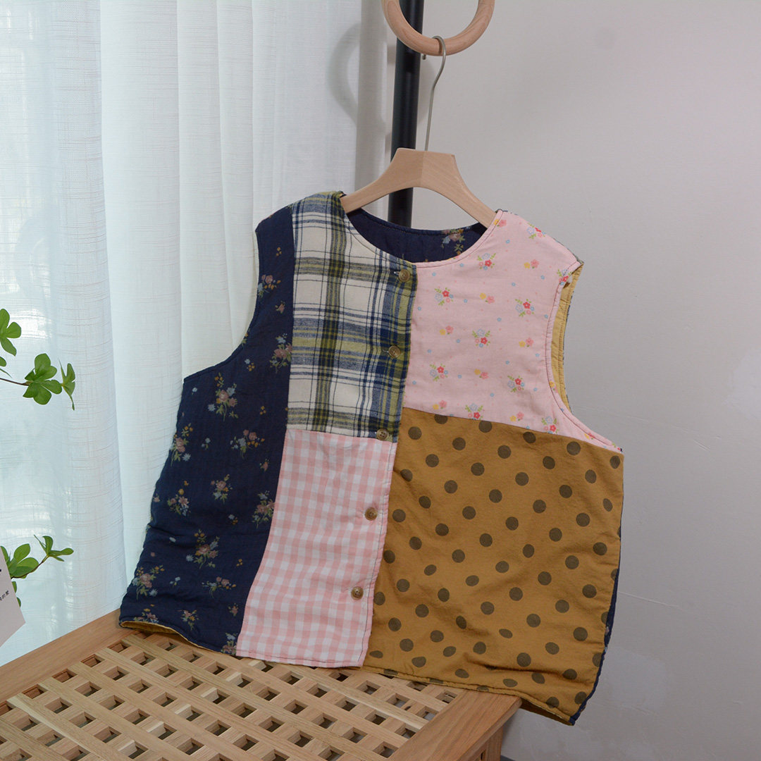 23冬新品文艺复古不规则拼布夹棉软糯马甲宽松洋气百搭外套马夹女