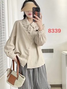 森系新复古新中式盘扣娃娃领衬衫宽松麻料不规则纽扣灯笼袖上衣女