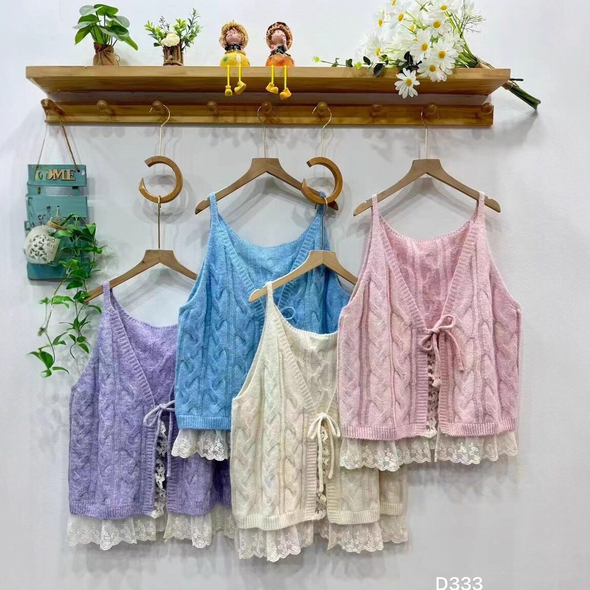 森系甜美蕾丝下摆拼接麻花针织吊带马甲宽松减龄叠穿V领无袖上衣