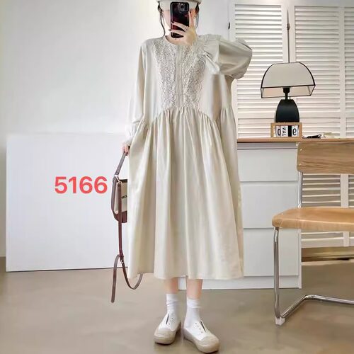 文艺风A字裙棉麻纯色蕾丝镂空