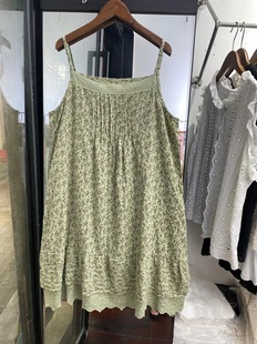 森系小清新碎花吊带连衣裙薄款 棉麻花边拼接风琴褶背心吊带裙女夏