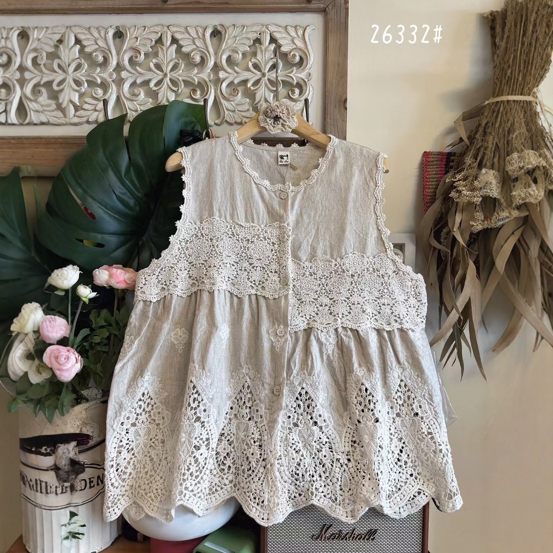 秋新品森系少女棉麻重工水滴刺绣镂空叠穿马甲钩花拼接坎肩上衣女