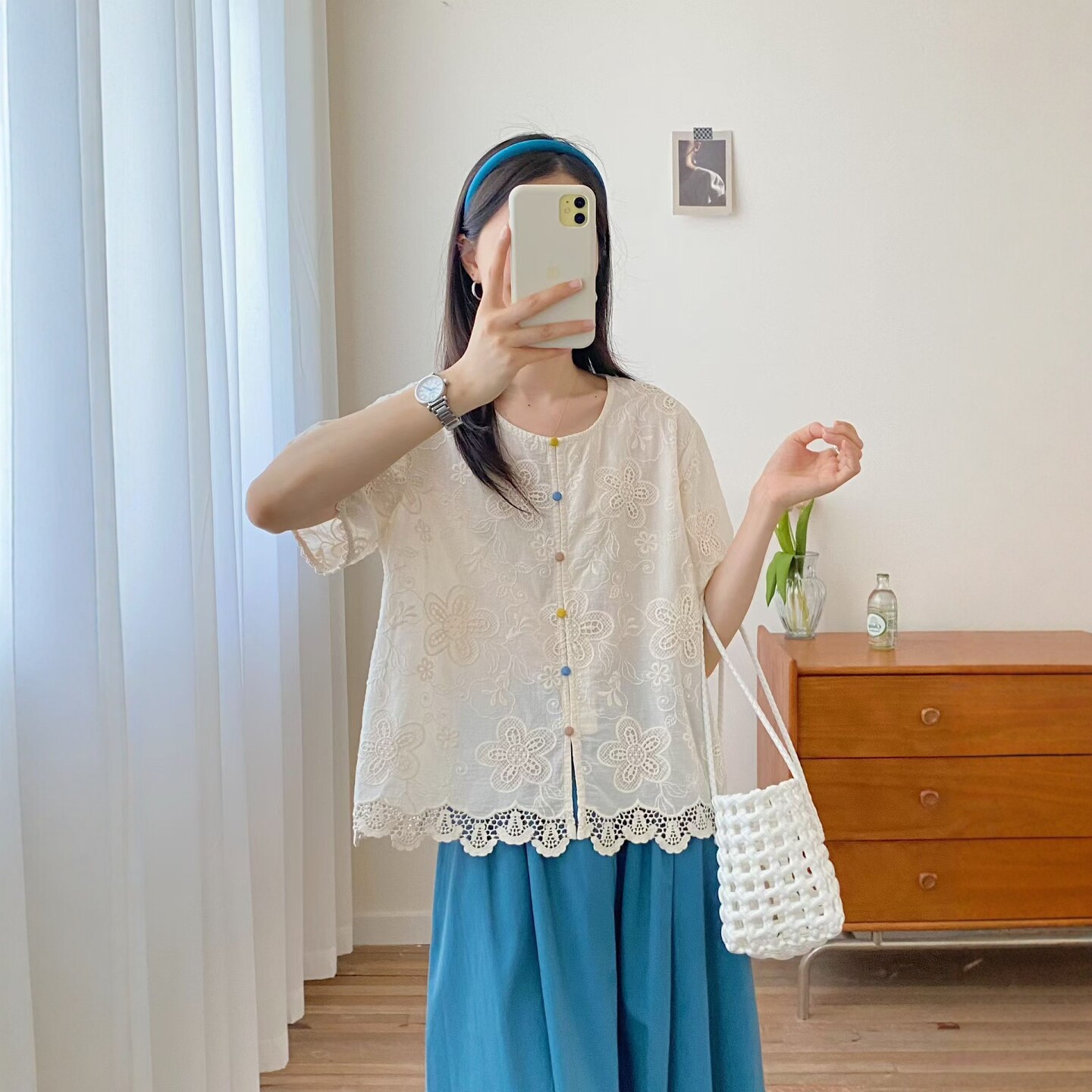 棉布刺绣彩扣短袖衬衫宽松上衣女