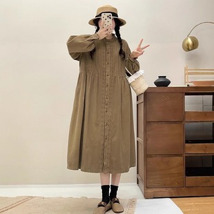 秋冬季新款花边立领拼接灯芯绒连衣裙宽松文艺复古中长款开衫裙女