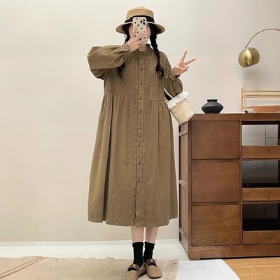 日系A字裙纯棉纯色灯芯绒连衣裙