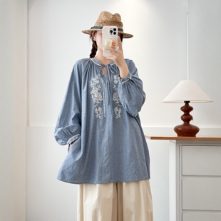 复古文艺民族风刺绣V领中长款 宽松百搭套头学院风纯棉上衣女 衬衫