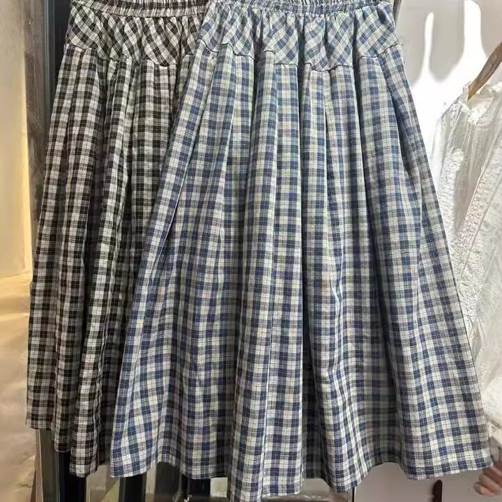 中长裙A字甜美A字格子半身裙