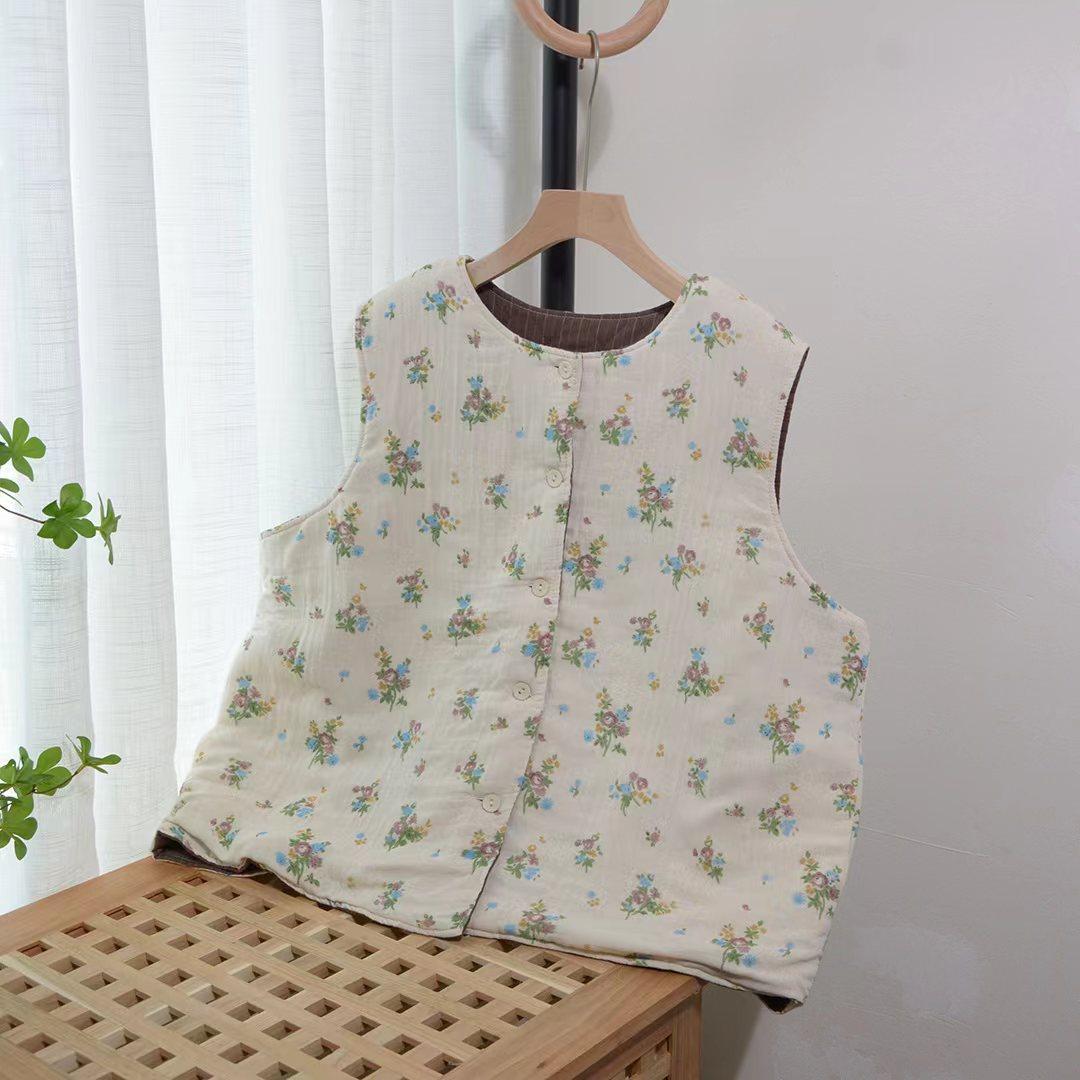 森下小清新田园碎花夹棉马夹软糯棉质宽松百搭背心马甲外套女冬新