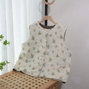 森下小清新田园碎花夹棉马夹软糯棉质宽松百搭背心马甲外套女冬新