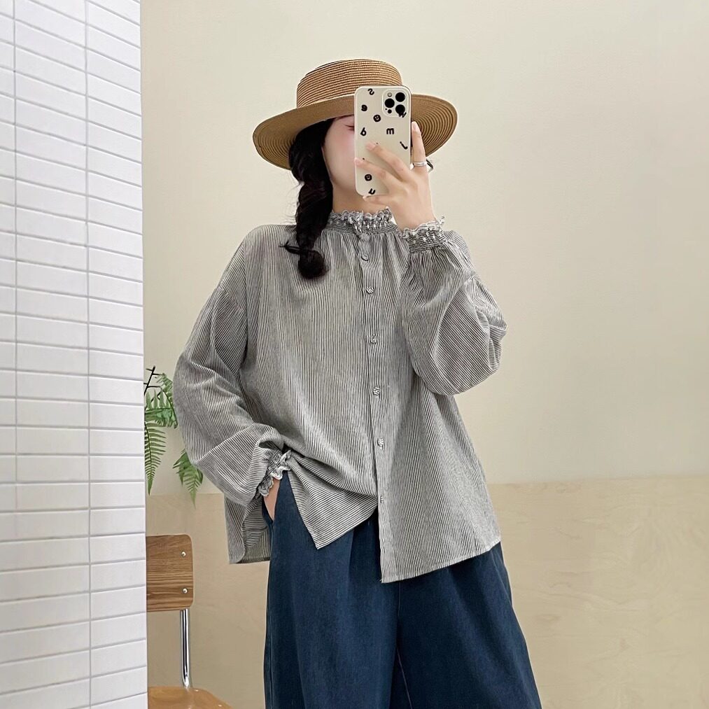 宽松版长袖棉布衬衫竖条纹衬衣