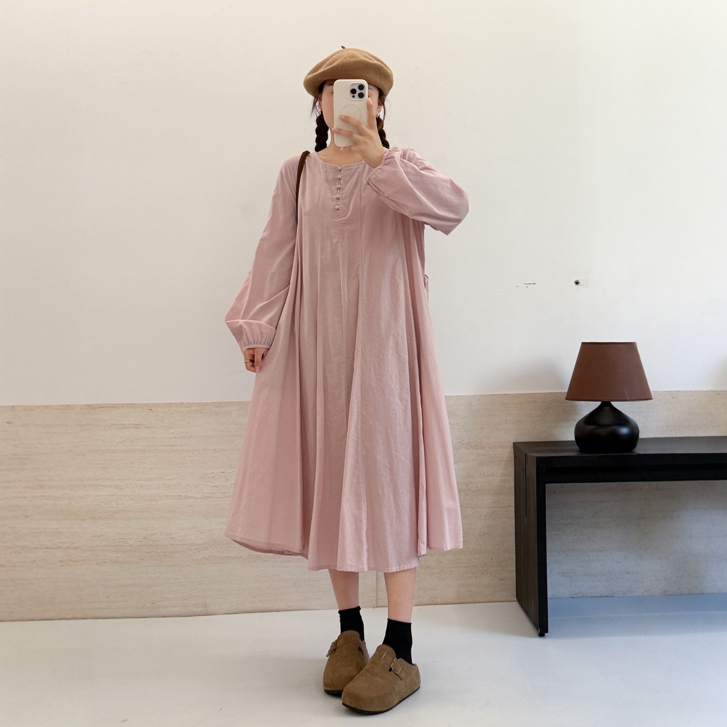 宽松全棉圆领纯色收腰系带连衣裙