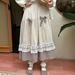 24秋冬新森系田园小碎花拼接蝴蝶结加绒加厚半身裙民族风文艺半裙