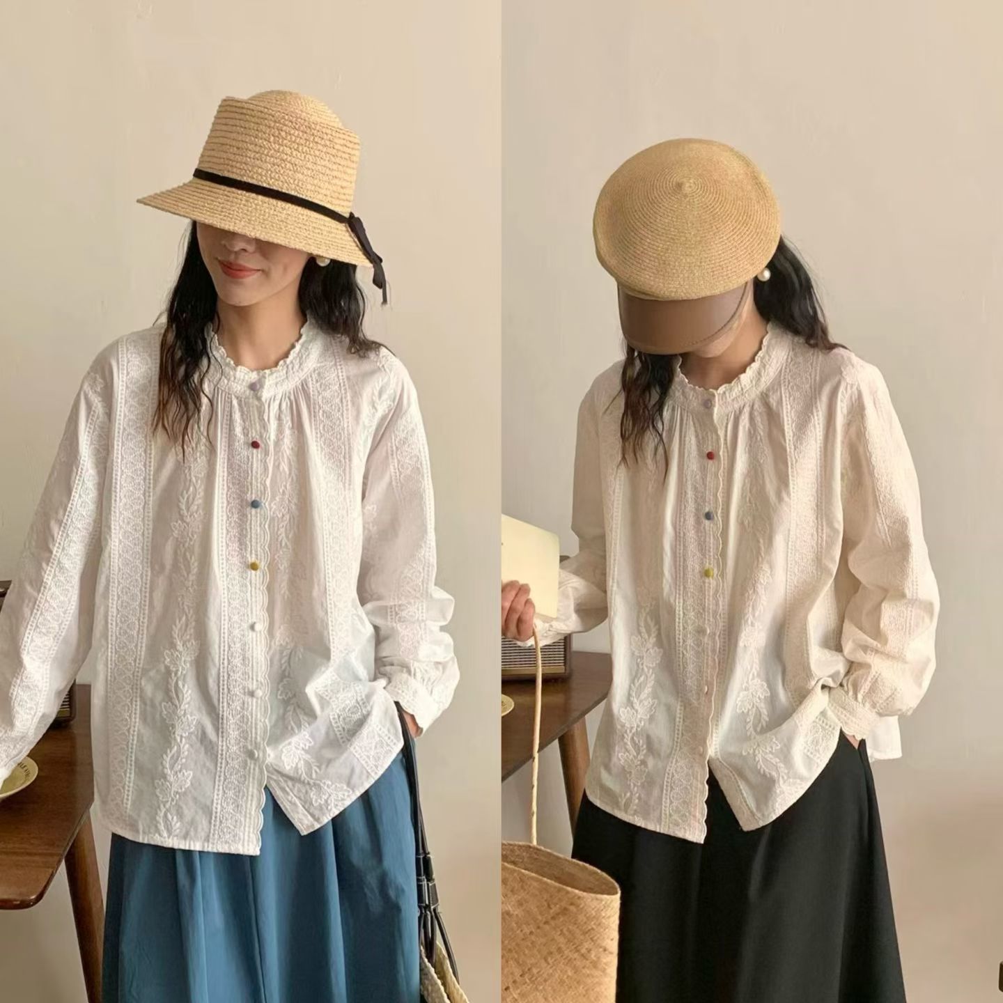 简约文艺彩扣棉布刺绣长袖衬衫