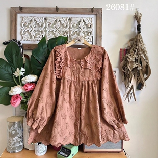 日系森女系双层花边娃娃领全棉立体花刺绣长袖衬衫宽大版胖妹上衣