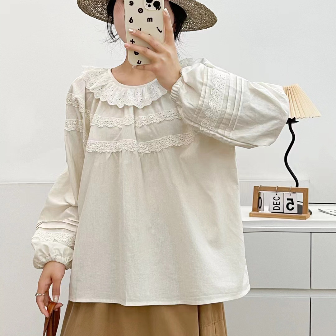 宽松单排扣通勤长袖刺绣蕾丝上衣