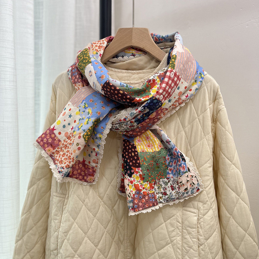 碎花拼接软糯棉纱长款围巾