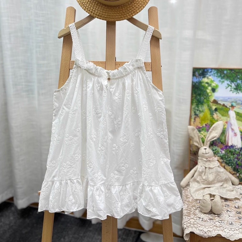 日系清新棉布刺绣蕾丝肩带纯棉背心宽松叠穿打底荷叶边小吊带上衣
