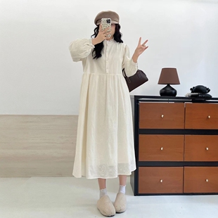 森系新款花边领提花套头加绒连衣裙宽松甜美文艺风加厚保暖衬衫裙