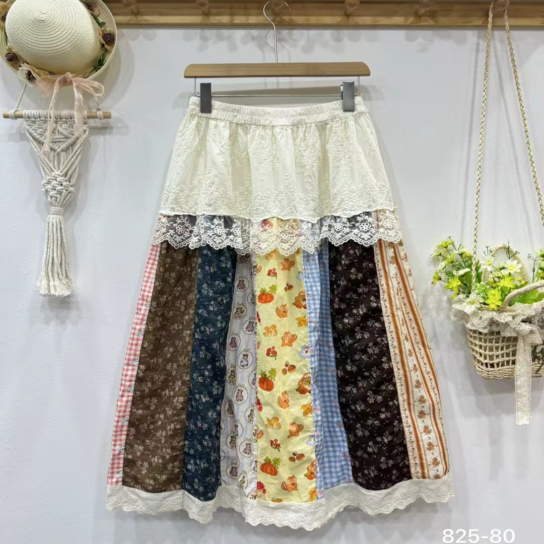 森系少女田园风碎花蕾丝拼接半身裙宽松高腰撞色棉麻A字中长裙女