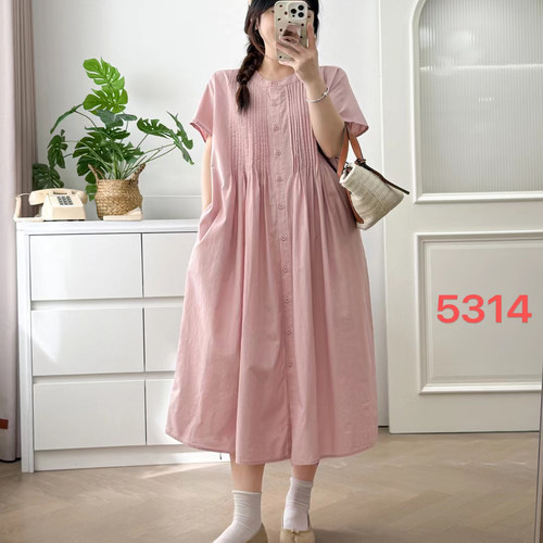 甜美圆领风琴褶系带短袖开衫长裙