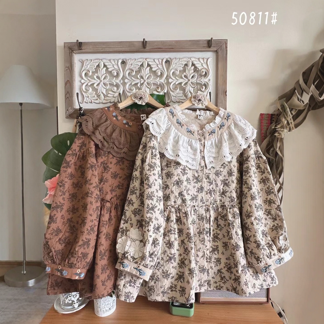 森系单排扣长袖棉麻碎花开衫外套