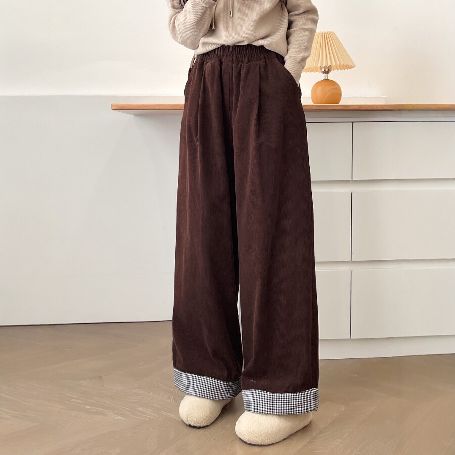 高腰休闲风长裤格纹拼接