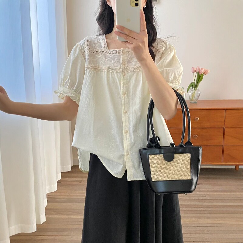 宽松甜美蕾丝方领拼接短袖衬衫女