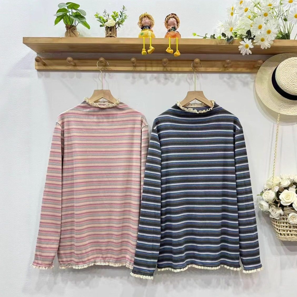 森系甜美蕾丝边拼接半高领彩色条纹打底宽松百搭套头长袖T恤上衣,女装/女士精品,T恤,淘宝优惠券,粉丝福利购,淘宝优惠卷