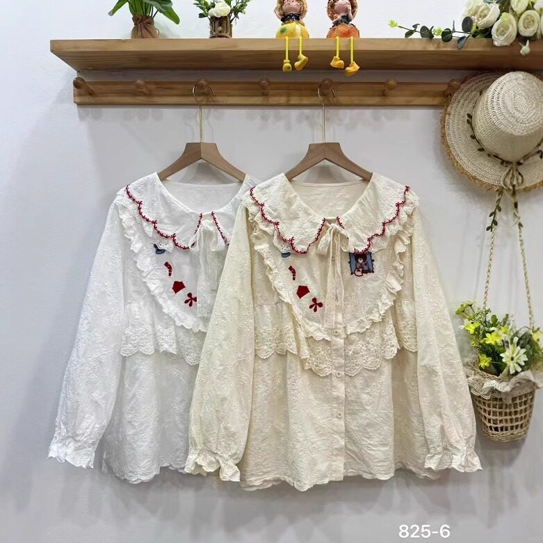 宽松甜美系带单排扣纯棉刺绣衬衫
