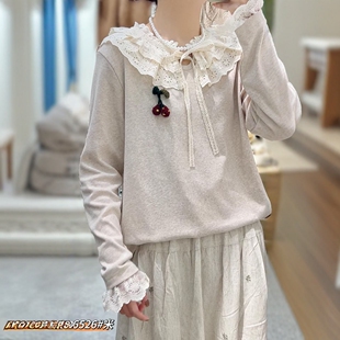 麻豆正品双层花边领口系带弹力针织棉长袖打底衫T恤宽松内搭上衣