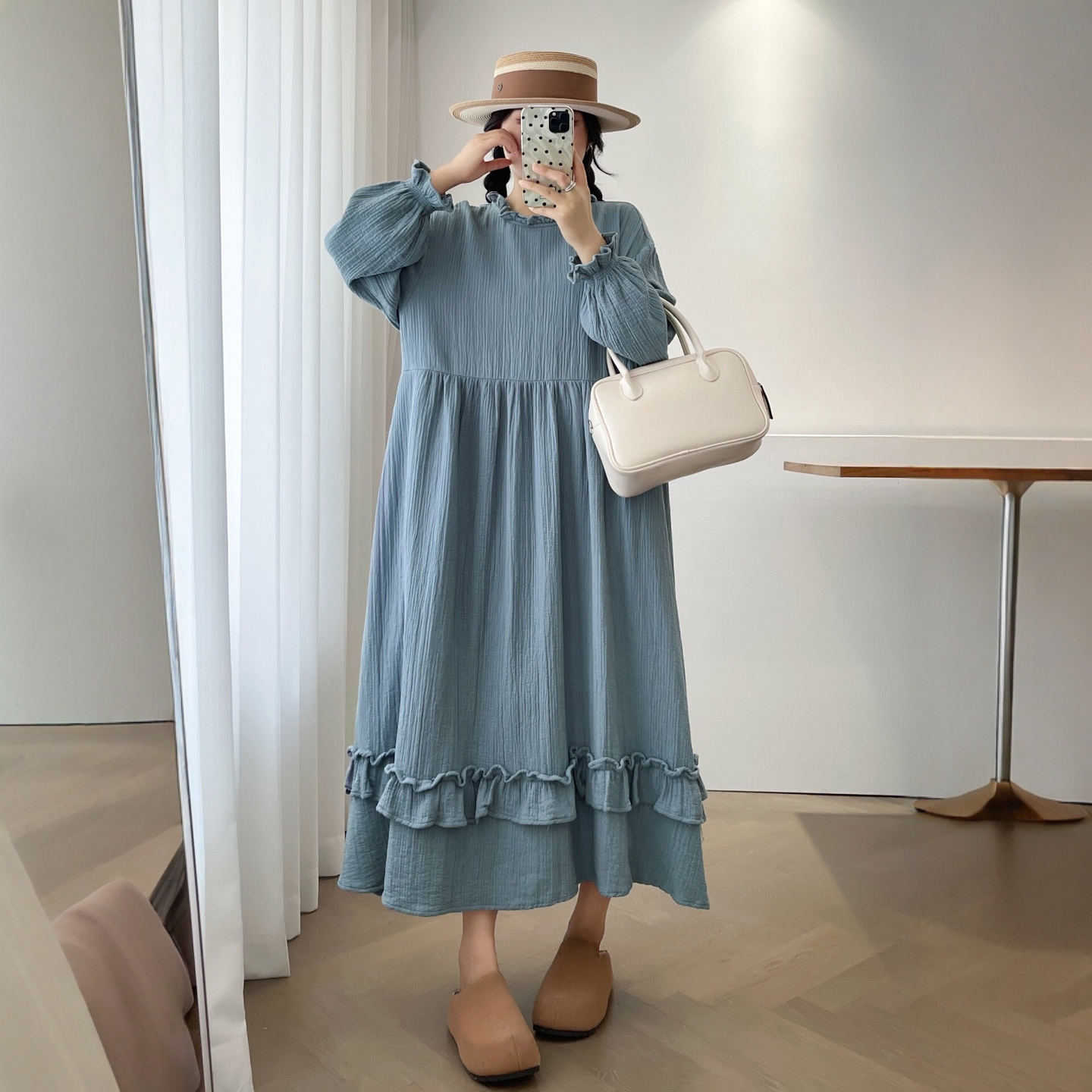 森系新款花边领双层棉纱套头长袖连衣裙宽松百搭减龄小清新长裙女