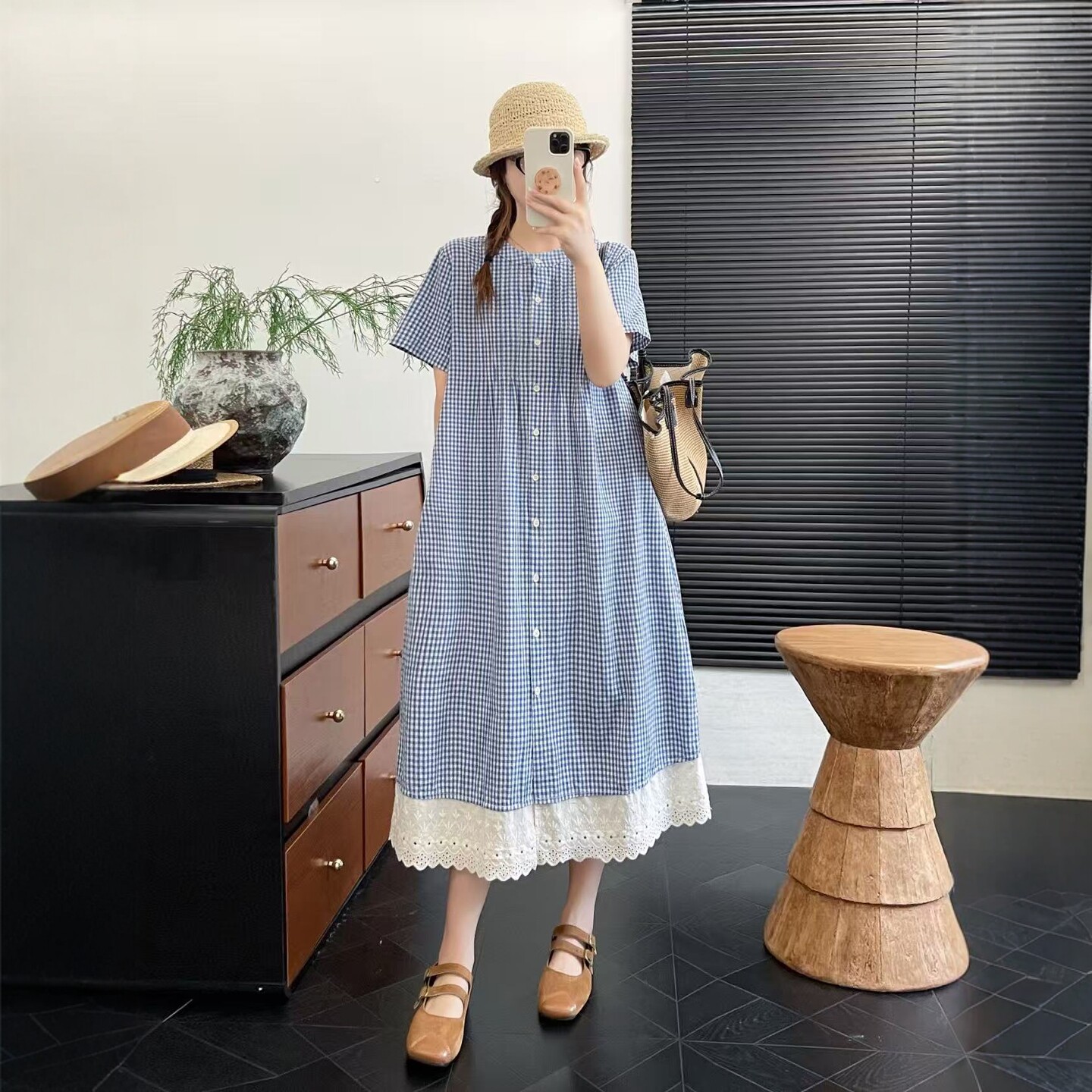 日系夏装格纹蕾丝拼接短袖衬衫裙宽松少女风纯棉中长款开衫连衣裙