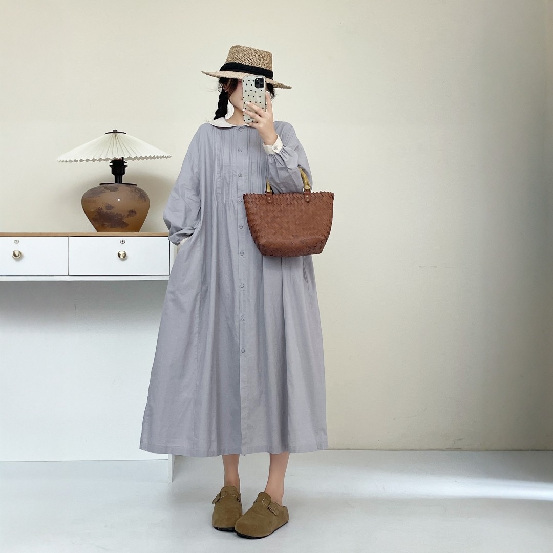 2026春新文艺温柔风娃娃领褶皱设计连衣裙宽松减龄百搭长袖衬衫裙