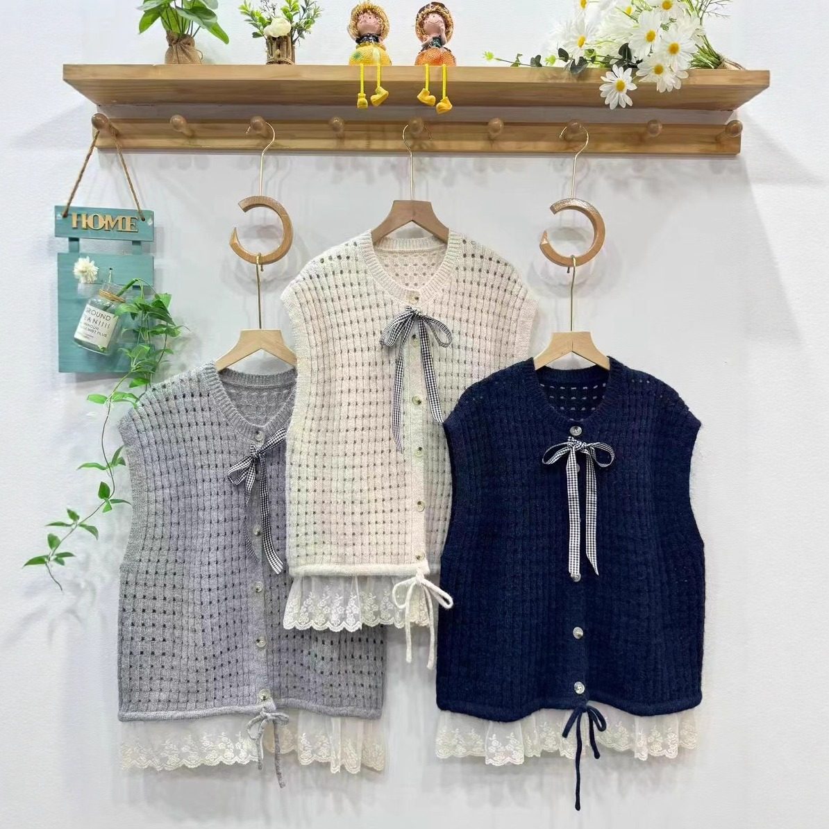 日系温柔甜美蝴蝶结蕾丝边拼接马甲毛衣宽松百搭淑女无袖开衫上衣