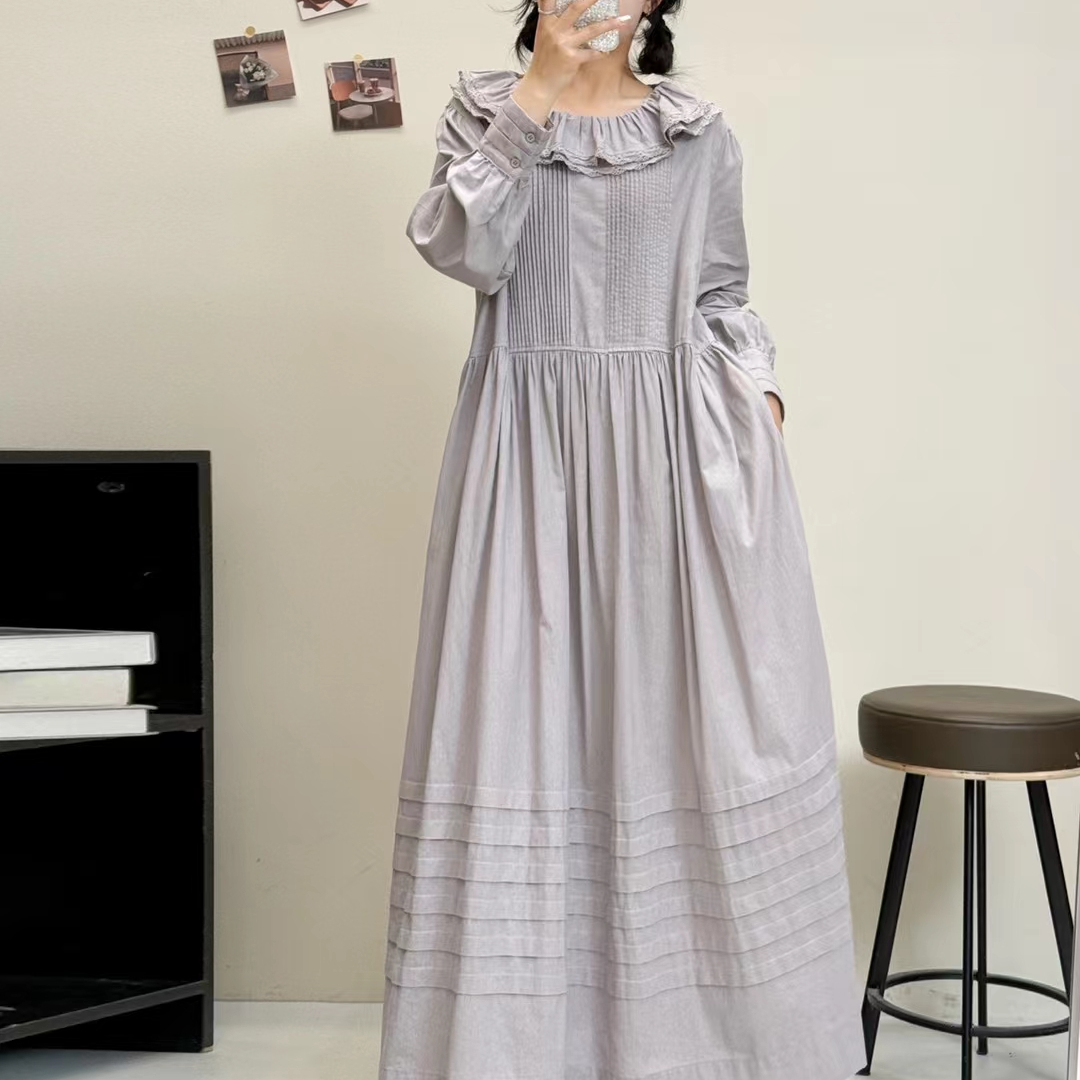 法式文艺荷叶花边双层娃娃领长袖连衣裙清新甜美背后系带气质长裙