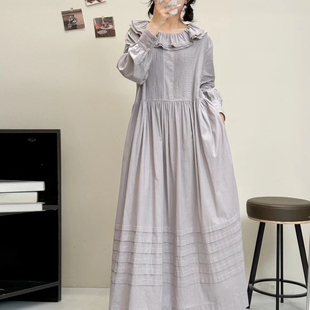 法式文艺荷叶花边双层娃娃领长袖连衣裙清新甜美背后系带气质长裙