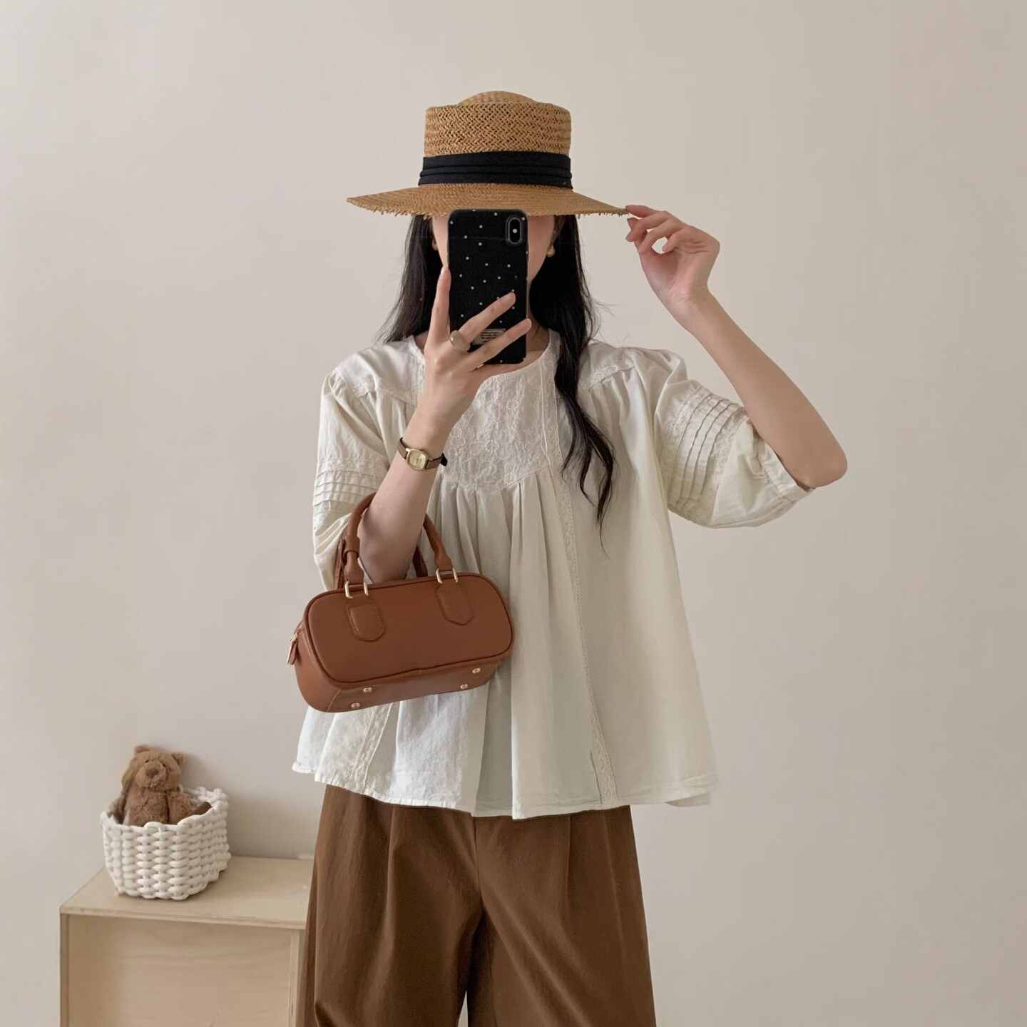 夏新森系学院风圆领刺绣棉布中短袖宽松版娃娃衫上衣袖子压褶衬衫