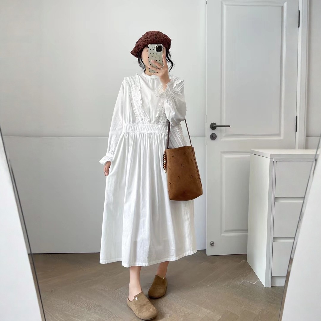 蕾丝花边拼接花边领纯棉连衣裙女