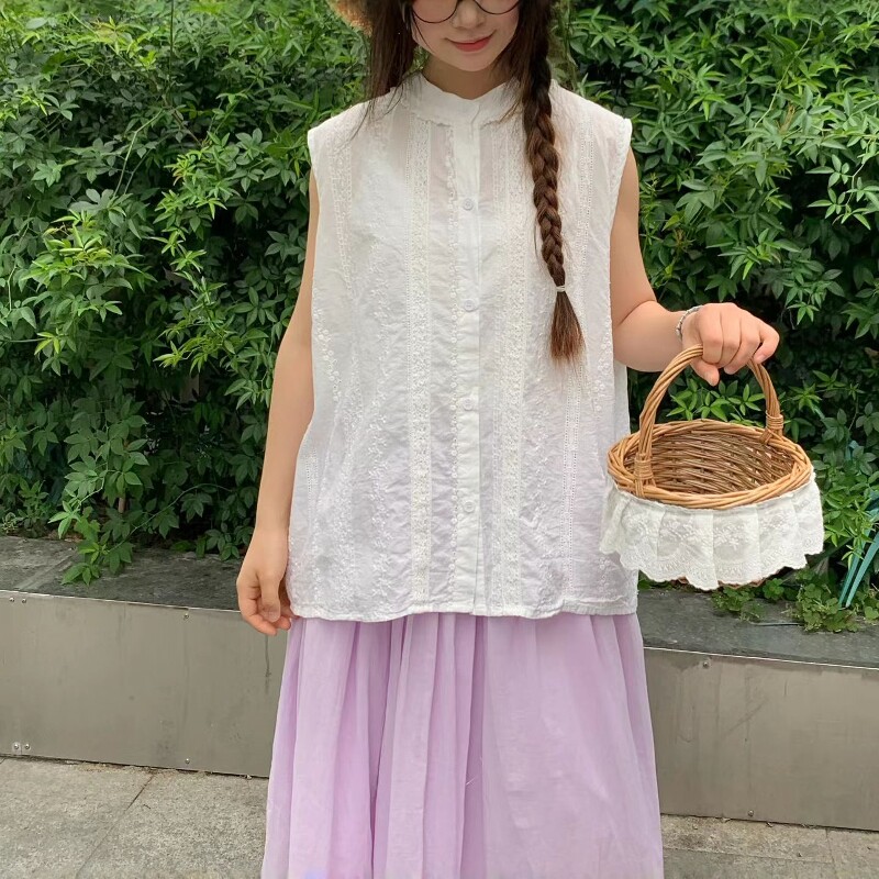 宽松甜美圆领提花单排扣无袖衬衫