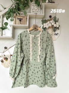 24春天日系小清新碎花棉布长袖衬衫拼接小花边甜美减龄森系上衣女