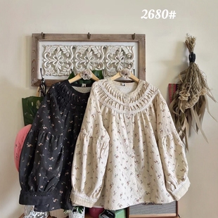 森女系圆领棉质菱形格碎花薄外套花边拼接宽松大板型衬衫上衣秋新