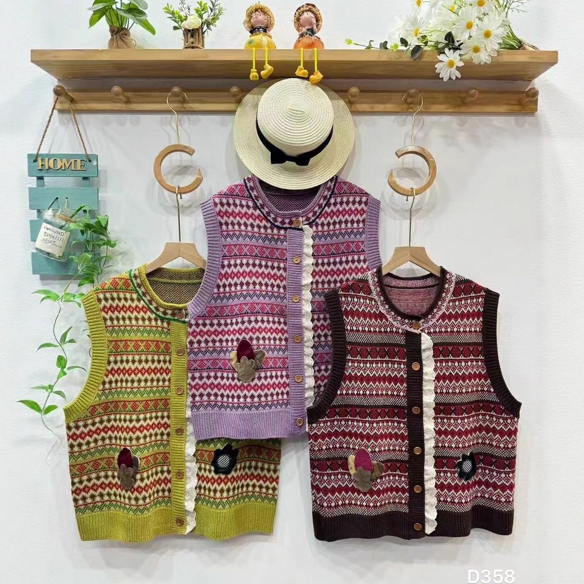 森系文艺复古贴布提花蕾丝拼接针织马甲宽松时尚圆领拼色叠穿马夹