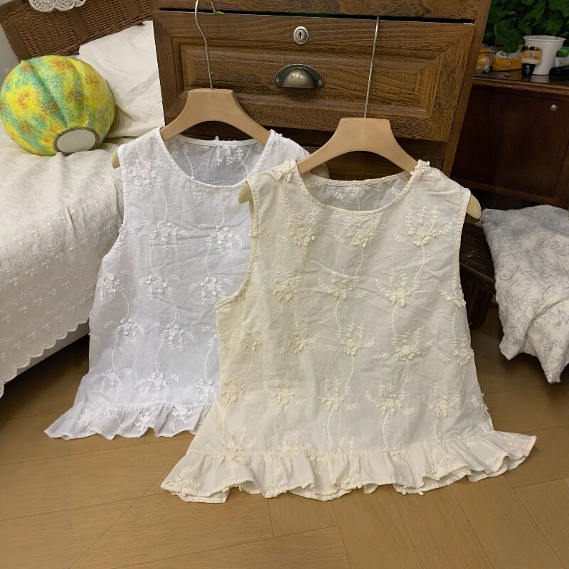 圆领立体花刺绣不规则下摆背心女