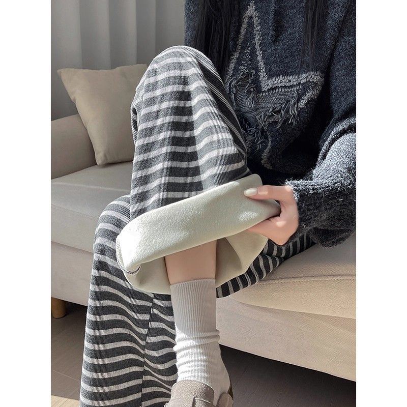 高腰加绒条纹阔腿裤女2025春季