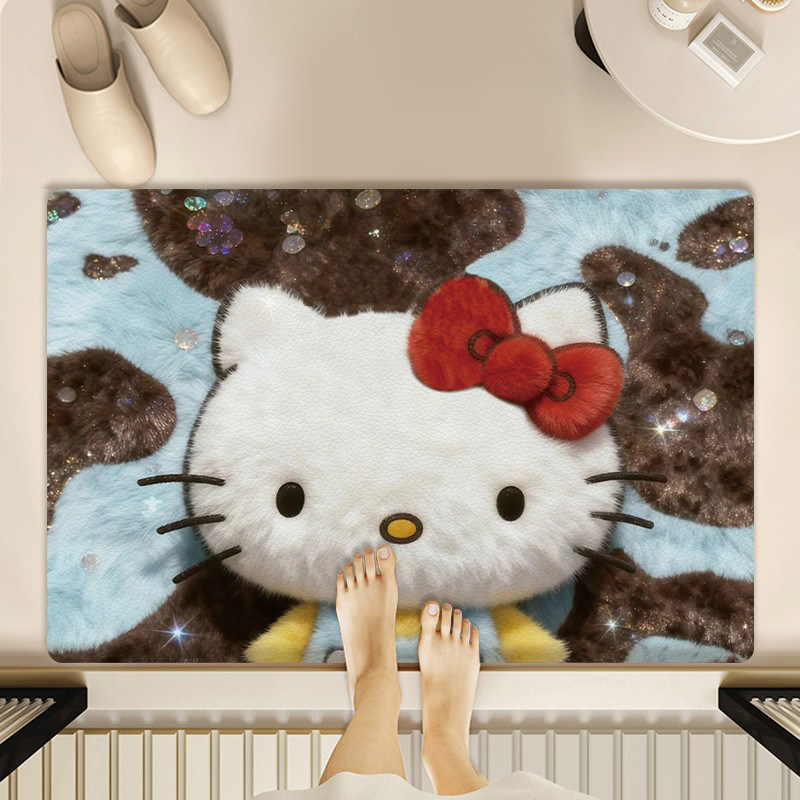 新款毛绒感凯蒂猫浴室地垫硅藻泥吸水速干防滑脚垫家用洗手台地毯