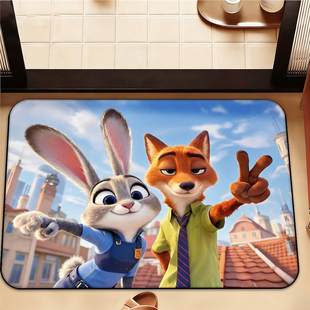疯狂动物城硅藻泥地垫尼克朱丽卡通卫生间软垫门口防滑吸水浴室垫