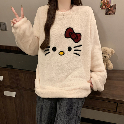 卡通kt猫可爱珊瑚绒睡衣女冬季加厚保暖加绒家居服套装